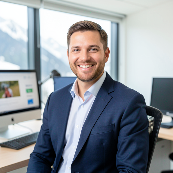 Portrait professionnel de Daniel Moret, expert informatique, souriant dans un bureau lumineux au style alpin moderne