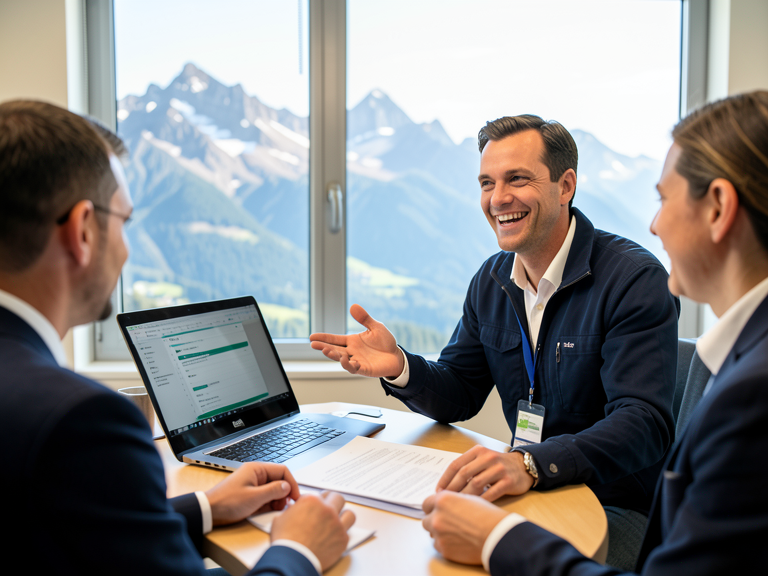 Technicien informatique souriant expliquant une solution à un client dans un bureau lumineux avec vue sur les montagnes du Valais